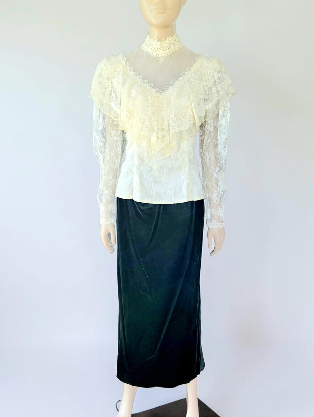 Vintage Jessica Mcclintock Lace Blouse Velvet Maxi Skirt Set Womens 11-12 1980s - Picture 4 of 16